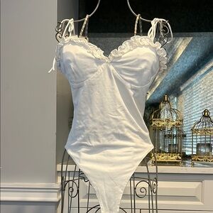 superdown White Ruffle Trim Bodysuit